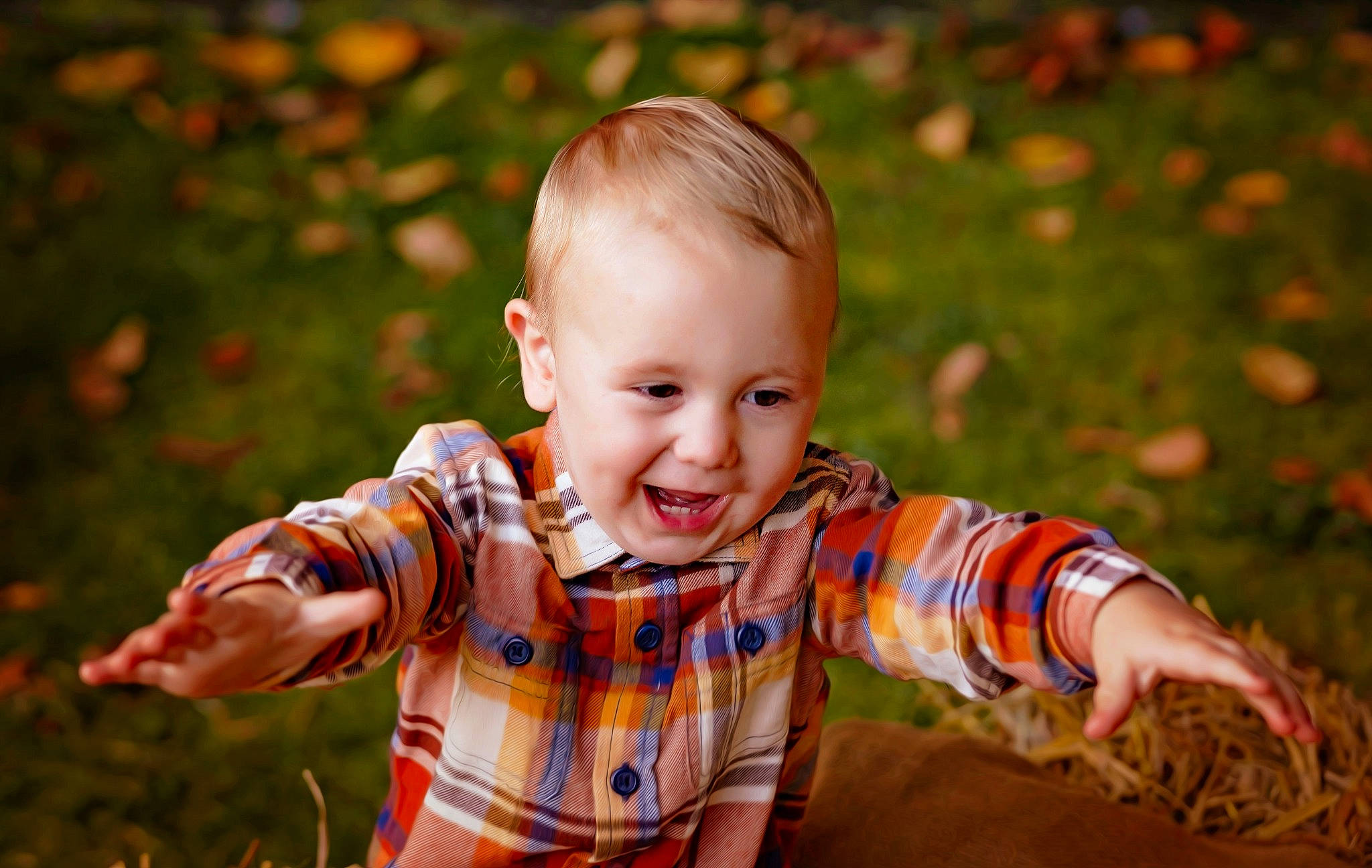 Isaiah is registered to the contest to win money with this photo: baby, baby_toddler_clothing, dress, eye, face, finger, flash_photography, grass, hair, hand, happy, mammal, orange, people_in_nature, person, plant, skin, smile, toddler, tree