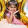 Ariza is registered to the contest to win money with this photo: child, girl, birthday, tiara, sash, dress, smile, happy, party, celebration, golden_throne, pink, tulle, cute, portrait, festive, young, hands_on_face, long_hair, indoor