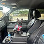 dog, puppy, french_bulldog, car_interior, truck, center_console, seat, seat_cover, water_bottle, window, parking_lot, trees, harness, denim_vest, dashboard, side_mirror, cup_holder, leather_seat, car_seat, pet