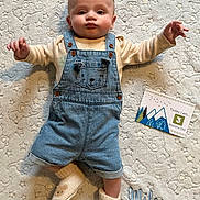 Miles joined the competition — help win amazing prizes! baby, infant, denim_overalls, socks, blanket, milestone_card, name_embroidery, cute, soft_texture, patterned_blanket, lying_down, arms_outstretched, face, head, clothing, baby_boy, indoor, portrait, cozy, adorable