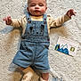 baby, infant, denim_overalls, socks, blanket, milestone_card, name_embroidery, cute, soft_texture, patterned_blanket, lying_down, arms_outstretched, face, head, clothing, baby_boy, indoor, portrait, cozy, adorable