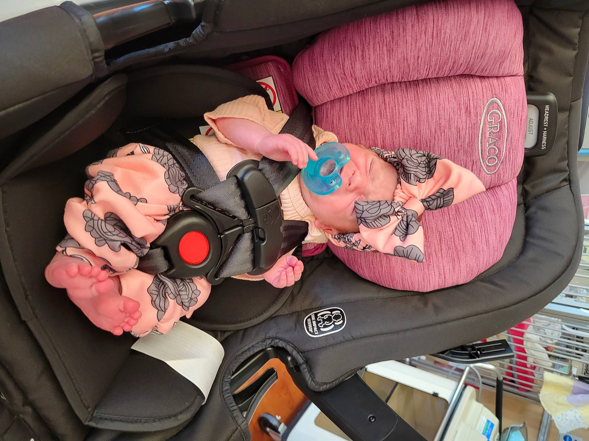 Alexandra is registered to the contest to win money with this photo: auto_part, automotive_design, baby_carriage, baby_products, bag, car, car_seat, car_seat_cover, comfort, eyewear, family_car, finger, headwear, lap, motor_vehicle, person, personal_luxury_car, pink, product, thigh