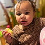 blurred_background, child, clothing, curious, curly_hair, cute, expression, face, food, fruit, hair, hand, indoor, leopard_print, person, skin, snack, table, toddler, young_child
