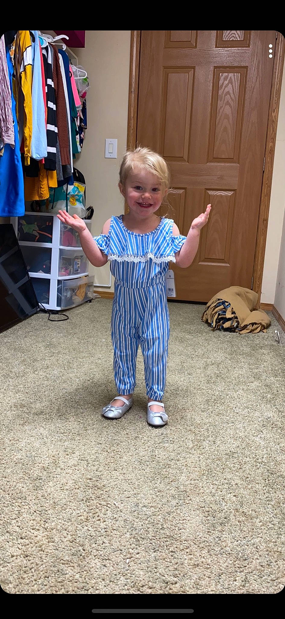 Blakeleigh is registered to the contest to win money with this photo: child, floor, flooring, joy, person, play, shoulder, standing, toddler