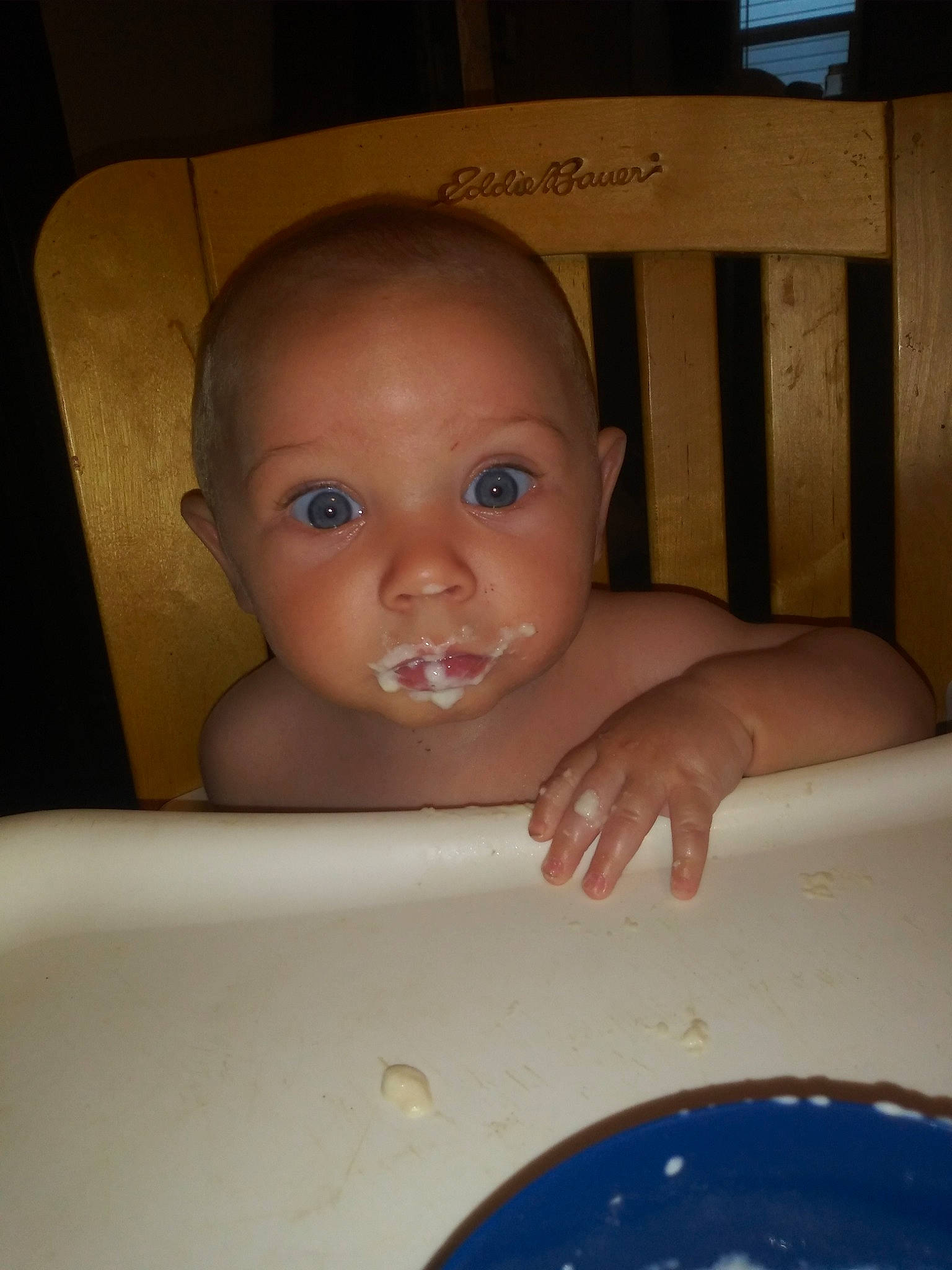 Roan is registered to the contest to win money with this photo: baby, baby_bathing, baby_food, bathing, bathtub, cheek, child, comfort_food, eating, face, food, head, nose, person, skin, toddler