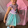 Evelyn is registered to the contest to win money with this photo: accessories, bracelet, carpet, child, cute, dress, fun, happy, indoor, person, pink, play, play_tent, portrait, posing, purple, skirt, smiling, sneakers, tiara