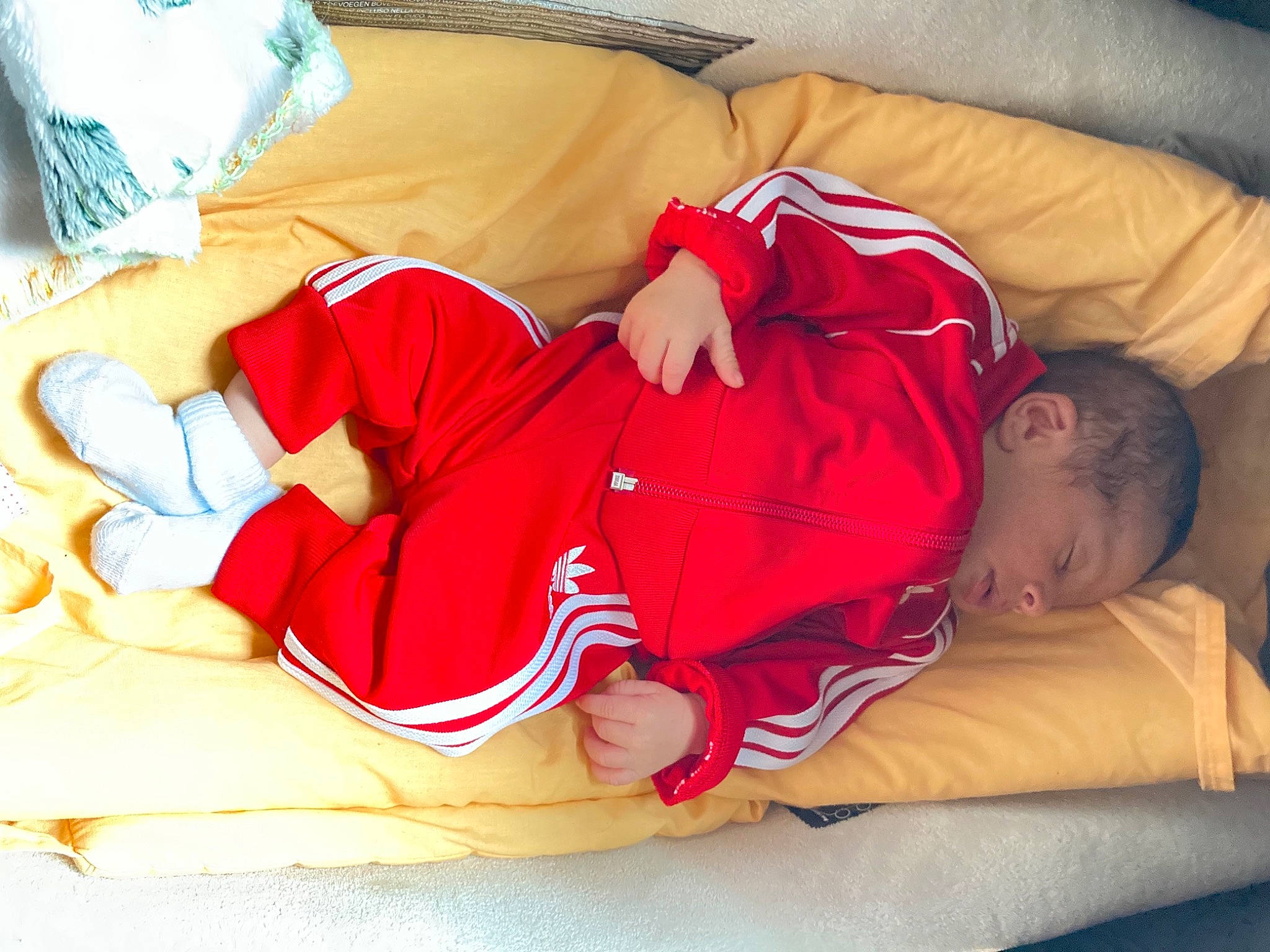 Hayden participe au concours pour gagner de l'argent avec cette photo : abdomen, baby_sleeping, bedding, bedtime, carmine, comfort, couch, elbow, foot, head, human_body, human_leg, knee, lap, linens, person, pillow, room, sock, thigh