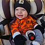 Chandler joined the competition — help win amazing prizes! baby, child, car_seat, orange_sweater, pumpkin_pattern, black_beanie, mittens, smiling, happy, clothing, seatbelt, indoor, cute, infant, portrait, warm_clothing, cozy, baby_smile, child_seat, winter_wear