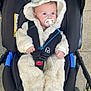 Hunter is registered to the contest to win money with this photo: baby, stroller, pacifier, hood, onesie, baby_clothing, child, outdoor, sidewalk, autumn_leaves, black_stroller, zipper, safety_harness, cute, infant, seated, bundle_up, winter_clothing, young_child, curious