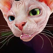 Fluffy is registered to the contest to win money with this photo: cat, hairless_cat, sphynx, close_up, heterochromia, green_eye, blue_eye, whiskers, pink_nose, pet, animal, face, curious, feline, portrait, indoor, dark_background, colorful_lights, ears, expression