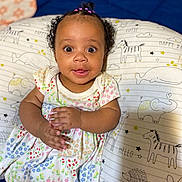Lolani joined the competition — help win amazing prizes! baby, child, infant, clapping, smiling, pigtails, dress, floral_pattern, pillow, animal_print, zebra, elephant, whale, giraffe, hedgehog, happy, indoors, closeup, cute, portrait