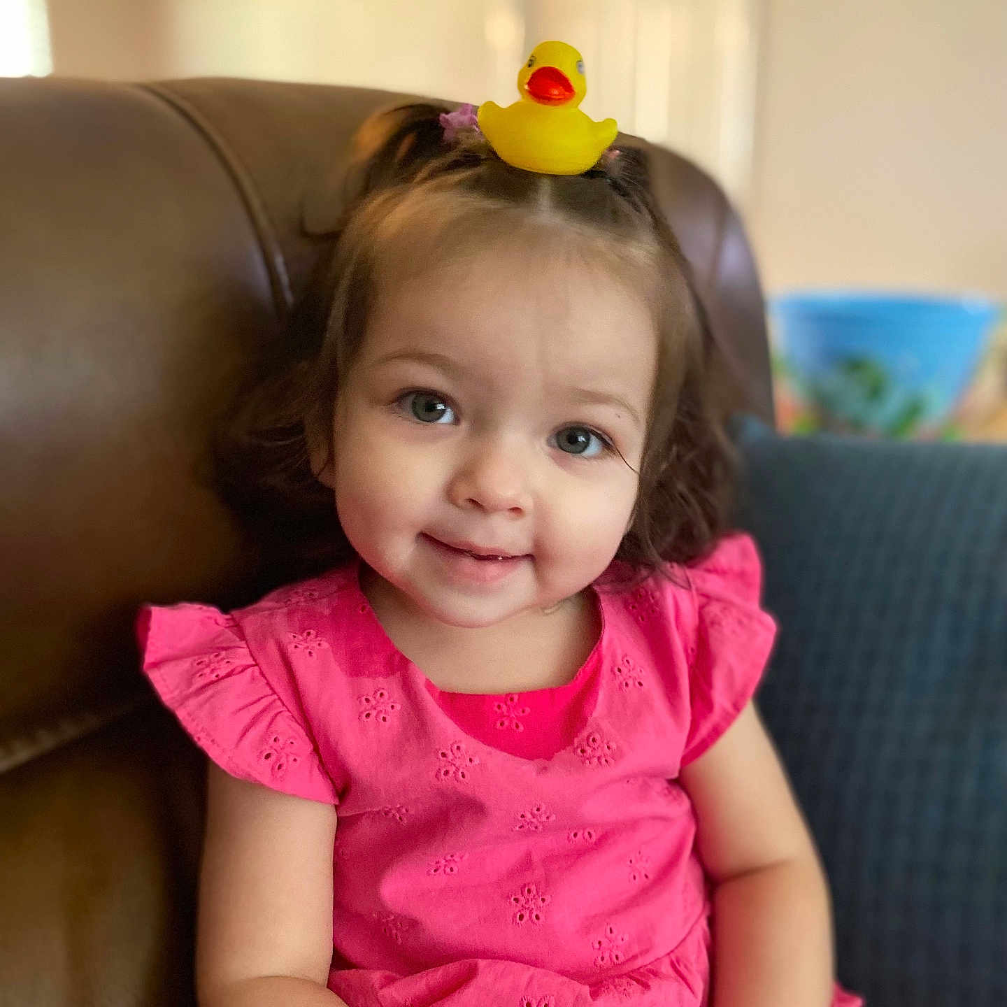 Zoey joined the competition — help win amazing prizes! architecture, baby, building, clothing, couch, cushion, face, furniture, happy, head, homedecor, indoors, livingroom, person, photography, portrait, room, sitting, smile, t_shirt