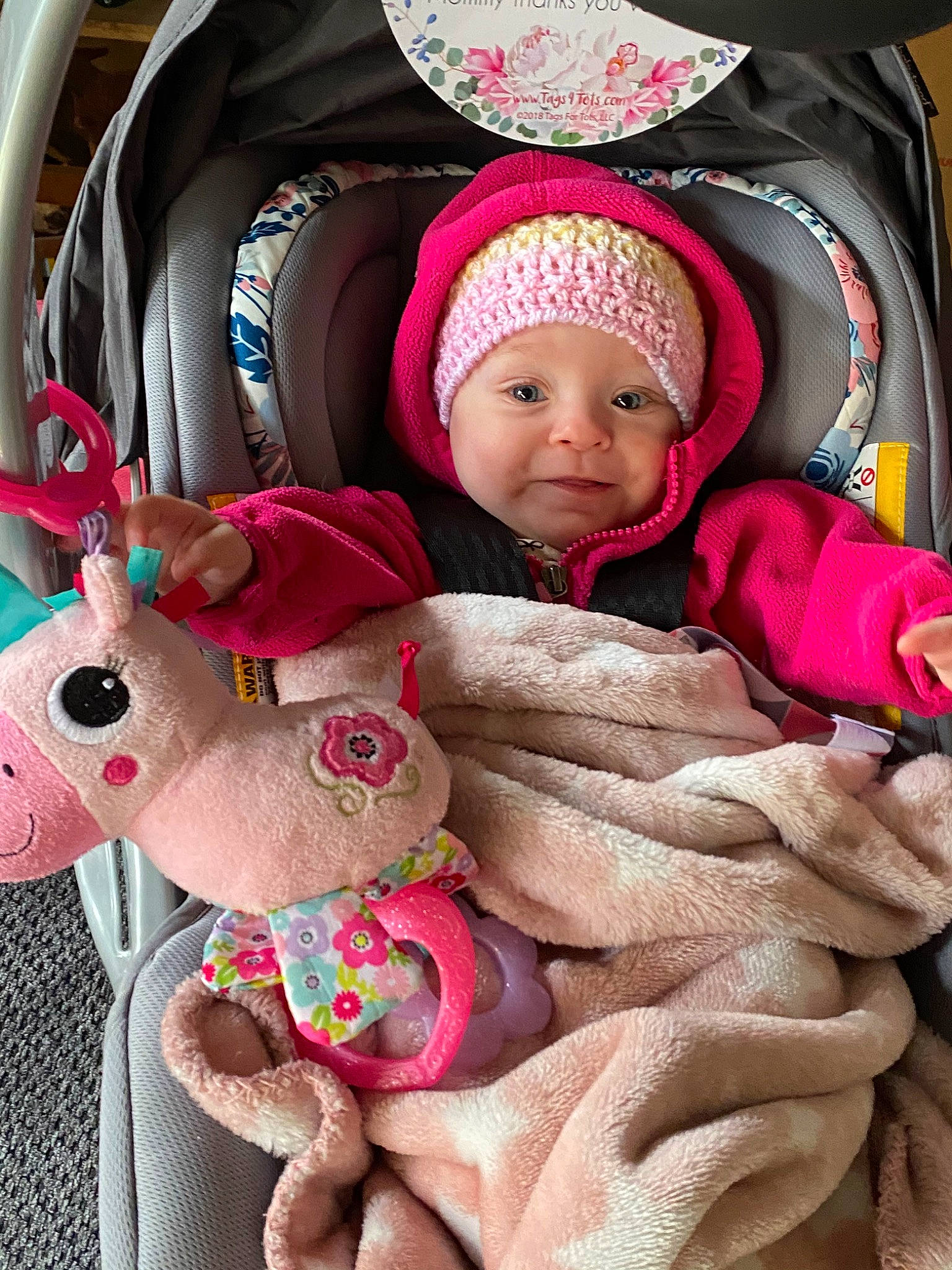 Aliana joined the competition — help win amazing prizes! baby, cheek, child, ear, headwear, magenta, person, pink, plush, smile, stuffed_toy, toddler, toy