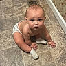 baby, infant, child, crawling, diaper, socks, floor, tile, indoor, bathroom, home, portrait, blue_eyes, looking_at_camera, hands, knees, wallpaper, air_vent, mat, photography