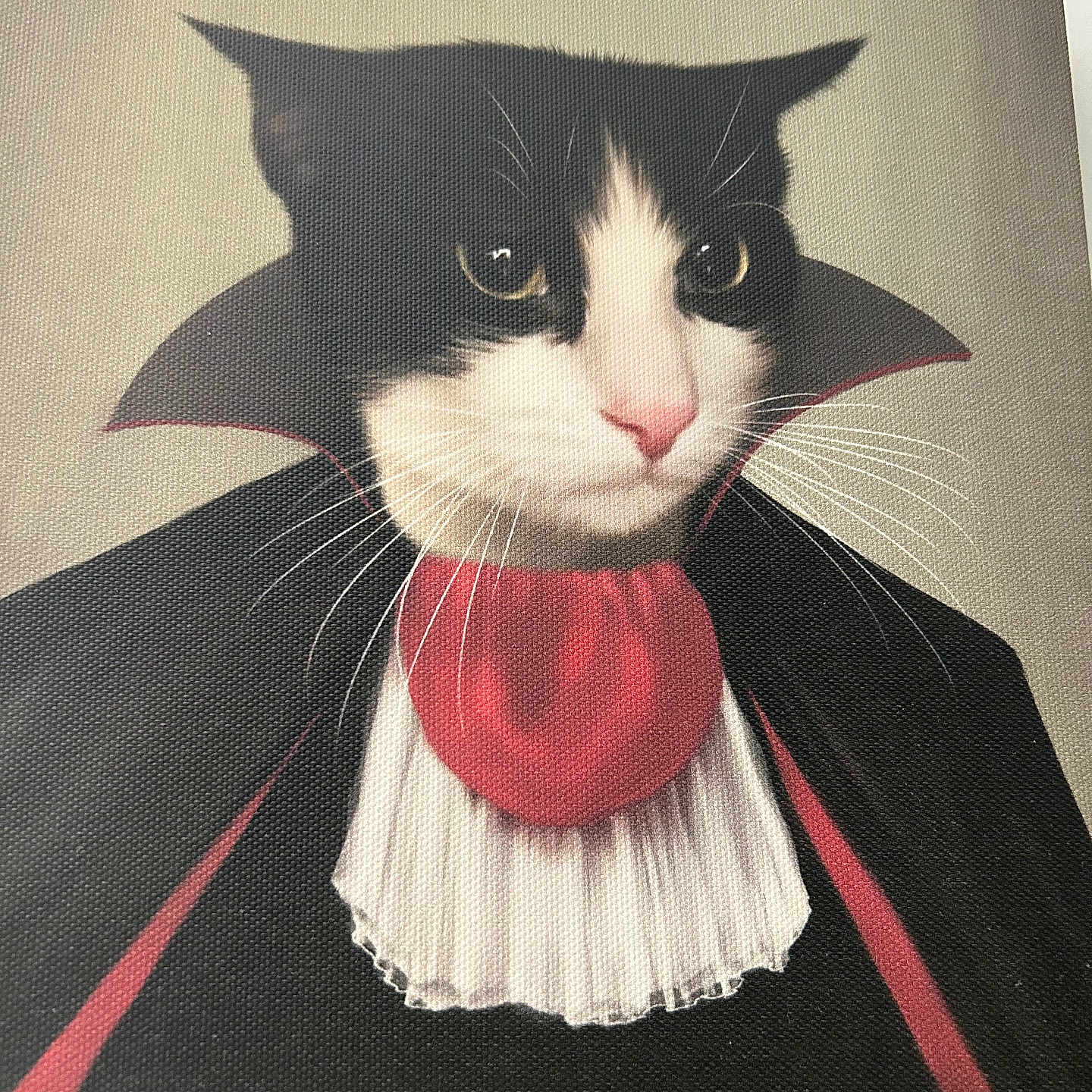 Harley Aka Satan joined the competition — help win amazing prizes! cat, costume, vampire, cape, portrait, black_and_white_cat, red_collar, button, fabric, canvas_texture, pet, animal, whiskers, ears, closeup, indoor, halloween, dress_up, funny, serious
