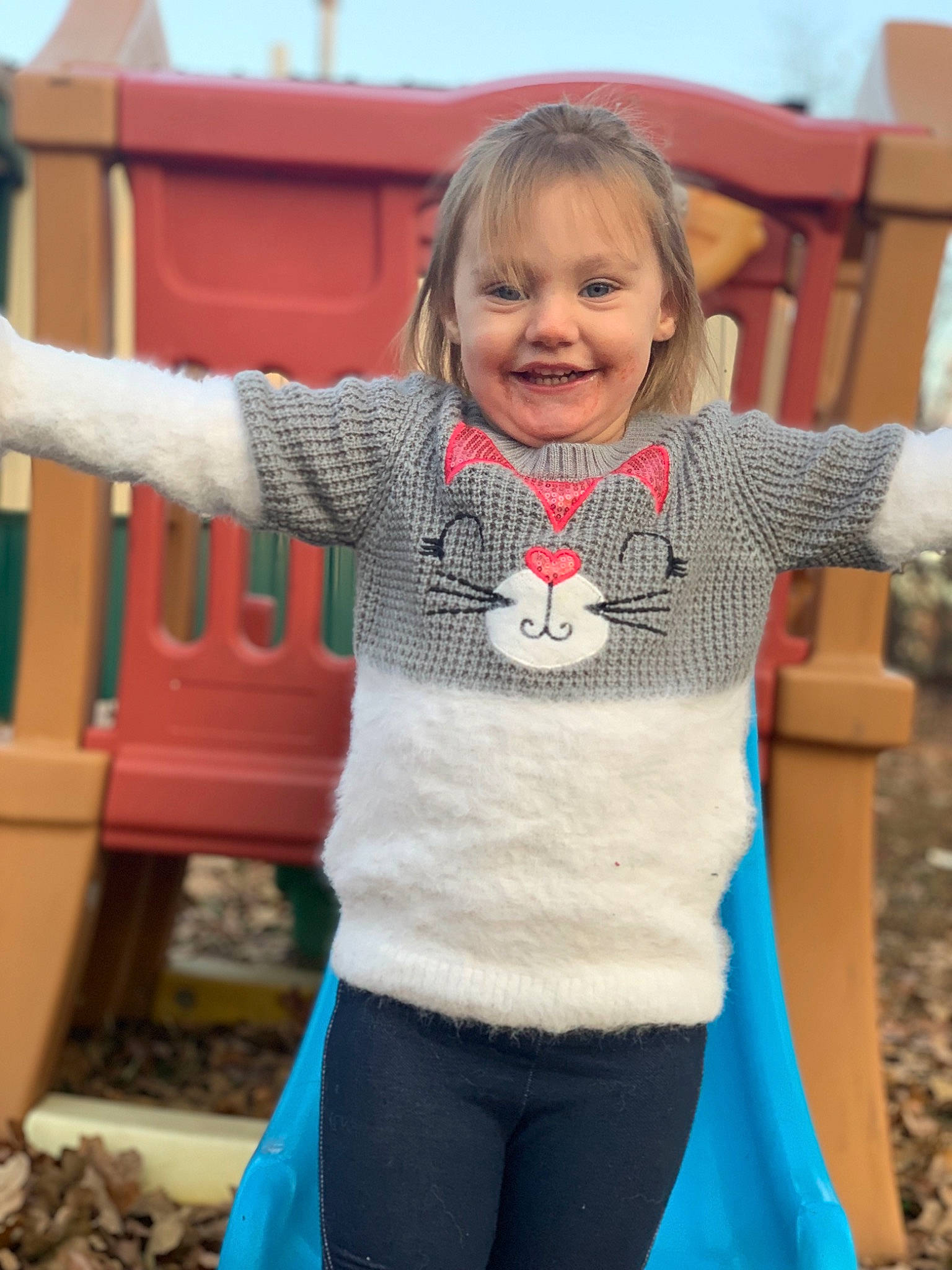 Jayleigh is registered to the contest to win money with this photo: arm, blue, child, face, fun, head, joint, joy, outdoor_play_equipment, outerwear, person, play, playground, public_space, shoulder, skin, sleeve, smile, sweater, t_shirt