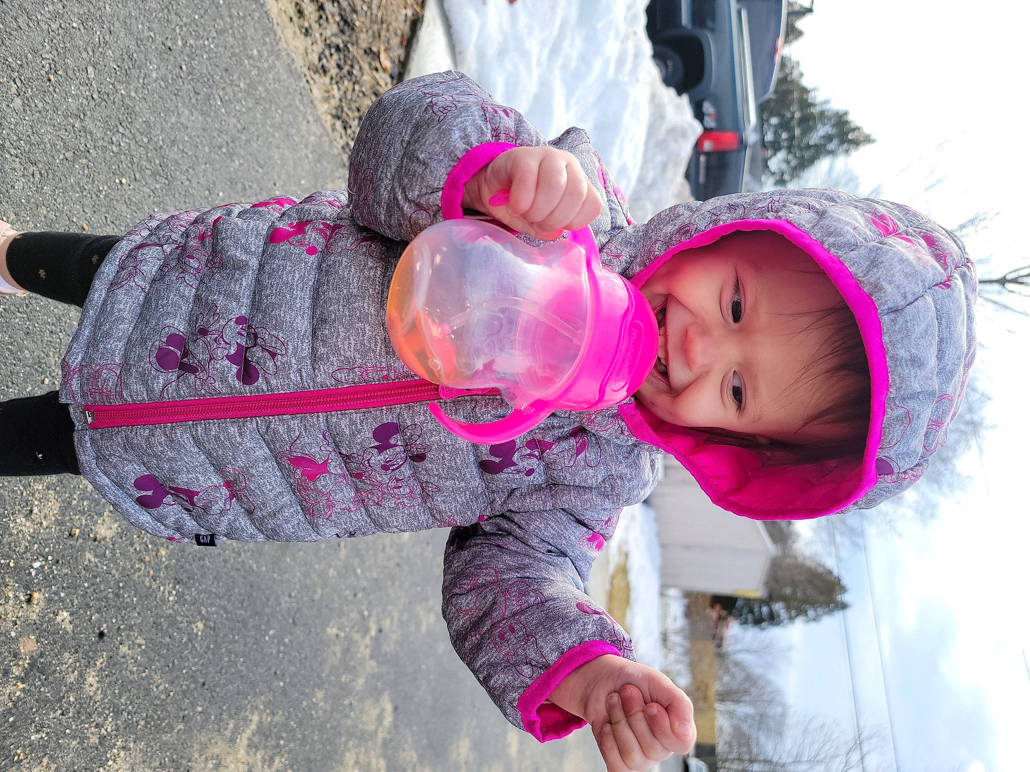 Thea joined the competition — help win amazing prizes! baby, baby_toddler_clothing, child, clothing, freezing, fun, happy, headwear, joy, leisure, magenta, person, pink, play, purple, recreation, smile, toddler, tree, vacation