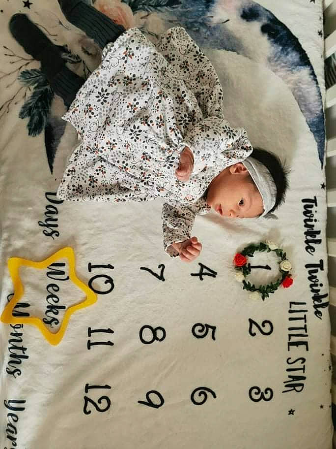 Mya participe au concours pour gagner de l'argent avec cette photo : baby, calendar, child, comfort, event, font, happy, headwear, linens, number, organism, pattern, person, product, publication, sleeve, textile, toddler