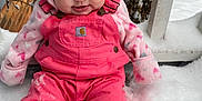 Oaklynn joined the competition — help win amazing prizes! baby, beanie, child, cold_weather, cute, face, frost, hat, infant, outdoor, person, pink_overalls, playful, portrait, sitting, smiling, snow, snowy_background, warm_clothing, winter_clothes