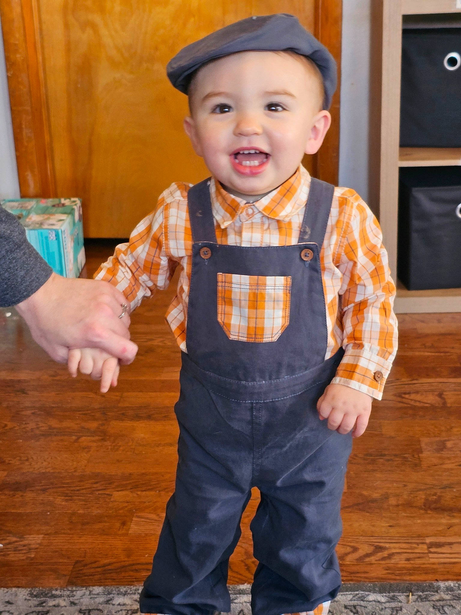 Lane joined the competition — help win amazing prizes! baby_toddler_clothing, belt, button, child, collar, costume, denim, dress_shirt, face, formal_wear, happy, headgear, headwear, joy, orange, pattern, person, sleeve, smile, toddler