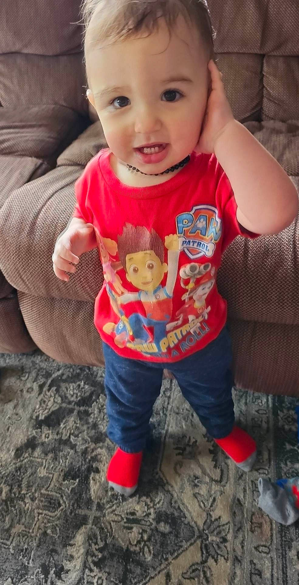 Lane is registered to the contest to win money with this photo: baby_toddler_clothing, cheek, child, clothing, eye, face, facial_expression, hair, happy, human_body, leg, lip, mouth, nose, outerwear, person, skin, sleeve, smile, t_shirt