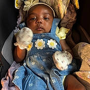 Kayana joined the competition — help win amazing prizes! baby, infant, car_seat, blue_dress, mittens, headband, blanket, child, cute, portrait, indoor, soft_lighting, clothing, person, newborn, baby_girl, seated, comfort, fabric, closeup