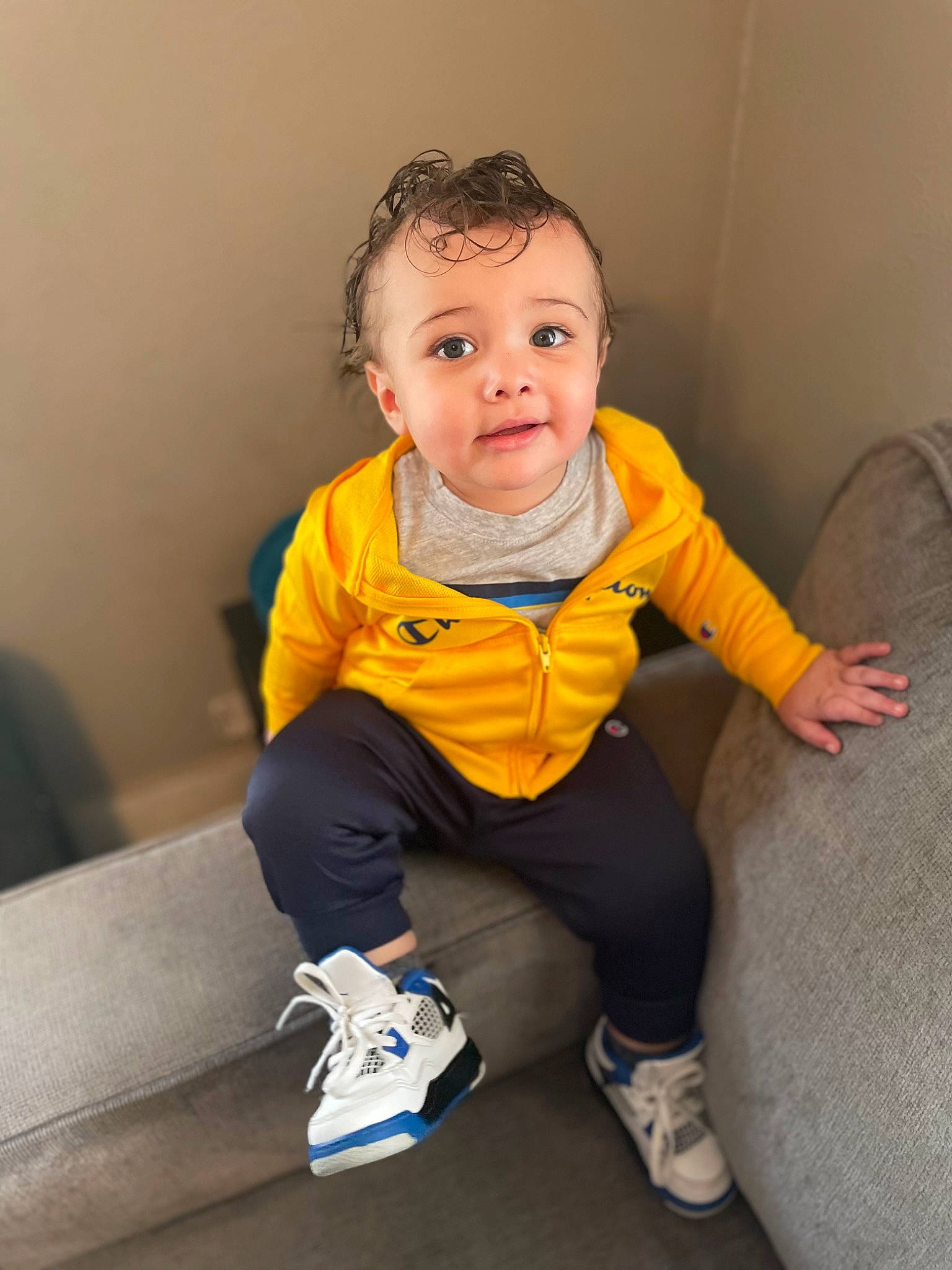 Cairo joined the competition — help win amazing prizes! baby, baby_toddler_clothing, child, comfort, electric_blue, eye, flash_photography, floor, flooring, fun, happy, human_leg, knee, leg, person, shoe, sleeve, smile, sneakers, t_shirt