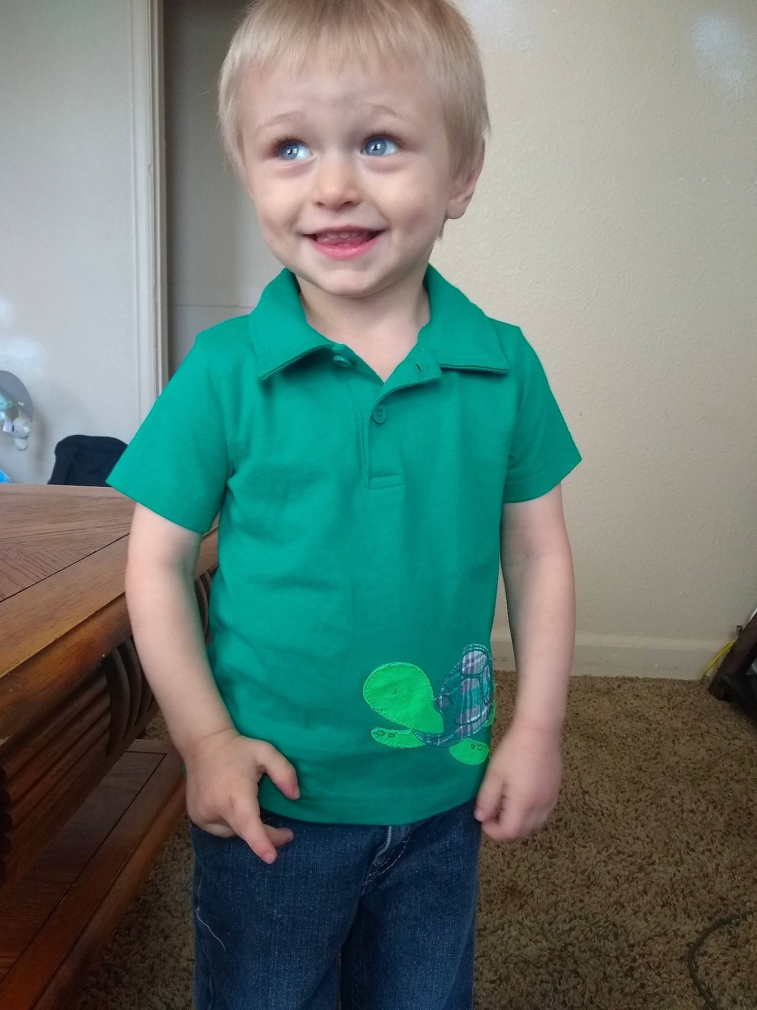 Rocky joined the competition — help win amazing prizes! arm, child, face, green, joy, male, person, polo_shirt, shirt, sleeve, smile, standing, t_shirt, toddler, top