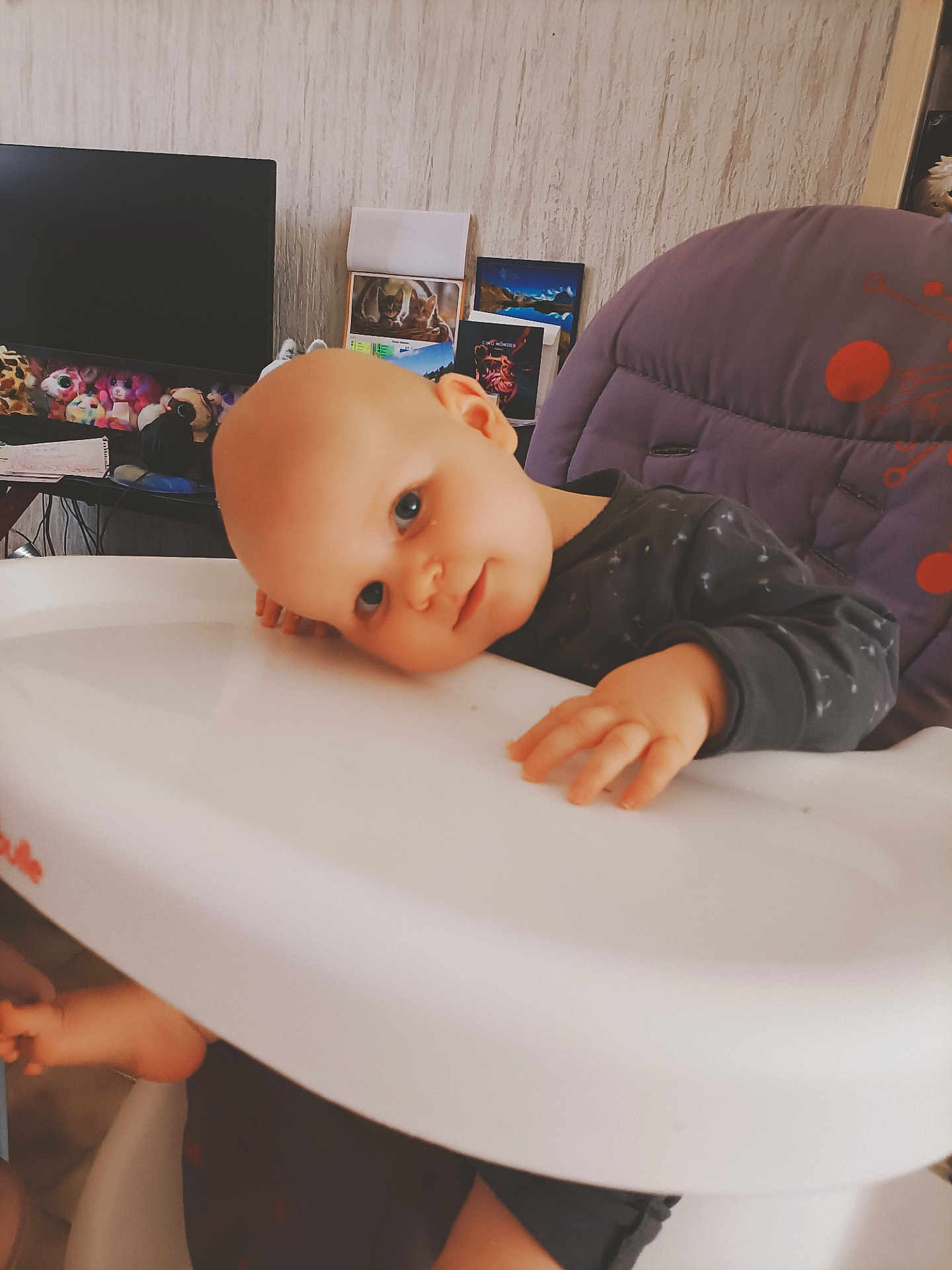 Rachelle a rejoint le concours — aidez-le/la à gagner de superbes lots ! baby, child, high_chair, indoor, face, resting, curious, bald, hand, foot, television, stuffed_animals, furniture, room, cozy, person, portrait, smiling, casual, home