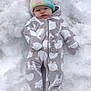 Raven joined the competition — help win amazing prizes! baby, infant, snow, snowbank, beanie, pom_poms, colorful_hat, onesie, animal_print, zipper, bundled, cold_weather, outdoor, portrait, face, cheeks, cute, cozy, winter_clothing, lying_down