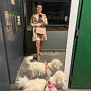 Stella participe au concours pour gagner de l'argent avec cette photo : woman, person, mirror_selfie, two_dogs, dog, white_dog, fluffy, curly_fur, pink_harness, leash, pet, companion_animals, dress, handbag, shoes, indoor, hallway, doorway, reflection, portrait