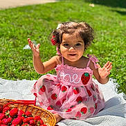 Briella is registered to the contest to win money with this photo: basket, blanket, child, cute, food, fruit, grass, hair_accessory, happy, nature, outdoor, picnic, pink_dress, playful, sitting, smiling, strawberries, summer, sunlight, toddler