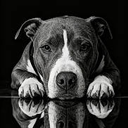 Pablo a rejoint le concours — aidez-le/la à gagner de superbes lots ! dog, pit_bull, canine, portrait, black_and_white, reflection, mirror_image, glossy_surface, dramatic_lighting, studio_photo, close_up, front_facing, paws, white_markings, short_hair, floppy_ears, dark_background, symmetry, serious_expression, pet