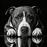 dog, pit_bull, canine, portrait, black_and_white, reflection, mirror_image, glossy_surface, dramatic_lighting, studio_photo, close_up, front_facing, paws, white_markings, short_hair, floppy_ears, dark_background, symmetry, serious_expression, pet