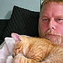 Simba is registered to the contest to win money with this photo: beard, casual, cat, closeup, comfort, couch, feline, fur, ginger_cat, glasses, home, human, indoor, man, nap, pet, pillow, relaxed, resting, sleeping_cat