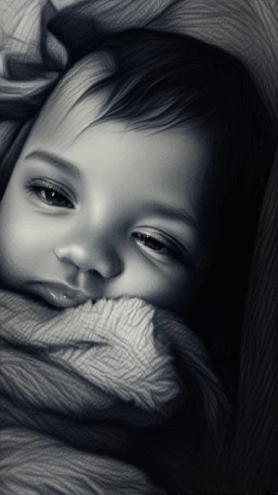 Enzo joined the competition — help win amazing prizes! child, face, blanket, close_up, portrait, monochrome, sleepy, soft_lighting, texture, baby, cozy, expression, young, wrapped, peaceful, head, eyelashes, nostrils, lips, hair