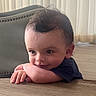 Cadence is registered to the contest to win money with this photo: toddler, child, face, smile, arms, table, indoor, curtains, chair, wood, resting, cute, portrait, young_child, curious, expression, hair, clothing, skin, furniture