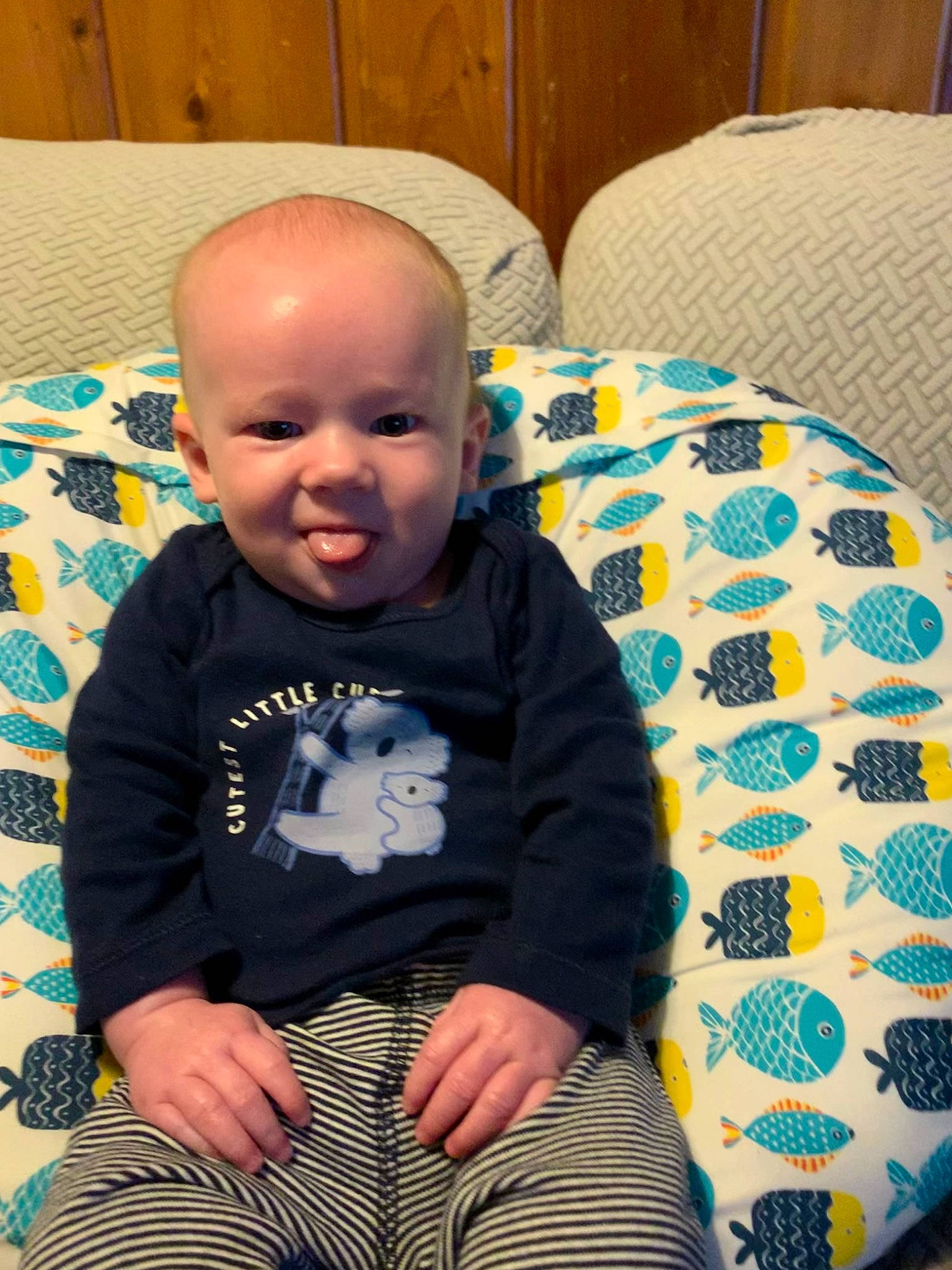 Leo joined the competition — help win amazing prizes! baby, baby_toddler_clothing, bedding, cheek, child, comfort, eye, flooring, happy, linens, pattern, person, room, sitting, skin, sleeve, smile, t_shirt, toddler