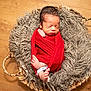 newborn, baby, sleeping, wrapped, red_blanket, basket, woven_basket, fluffy_fabric, gray_fabric, wooden_floor, infant, cozy, peaceful, foot, hand, portrait, indoor, cute, resting, soft_texture