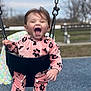 toddler, child, swing, playground, pink_outfit, flower_pattern, happy, smiling, outdoor, bench, chain, grass, trees, face, person, clothing, joy, fun, baby, seat
