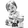 baby, toddler, child, smiling, food, yogurt, organic, snack, clothing, tshirt, crab, messy_face, happy, holding, portrait, cute, black_and_white, studio, infant, person