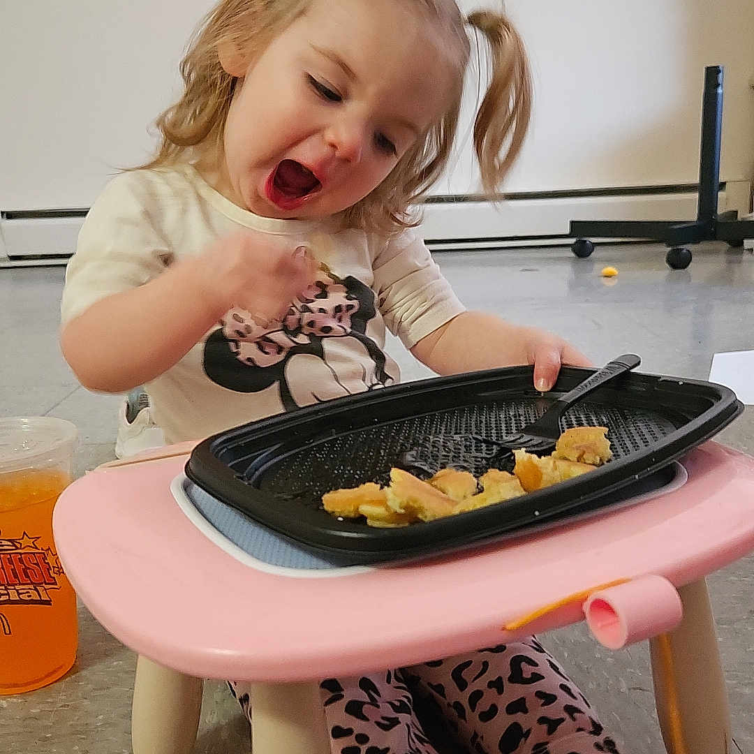 Oakleigh joined the competition — help win amazing prizes! alcohol, beer, beverage, bodypart, child, cutlery, eating, face, female, finger, food, fork, girl, hand, head, lunch, meal, person, photography, portrait