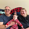 Michael joined the competition — help win amazing prizes! family, baby, adult, couch, indoor, smile, glasses, pajamas, plaid_blanket, hand_gesture, person, holding, seated, casual_clothing, blanket, home, happy, portrait, funny, light_skin