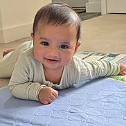 Avyaan joined the competition — help win amazing prizes! baby, smiling, indoor, floor, blue_quilt, bracelet, infant, person, cute, tummy_time, carpet, child, portrait, happy, young, head, hand, cozy, home, clothing