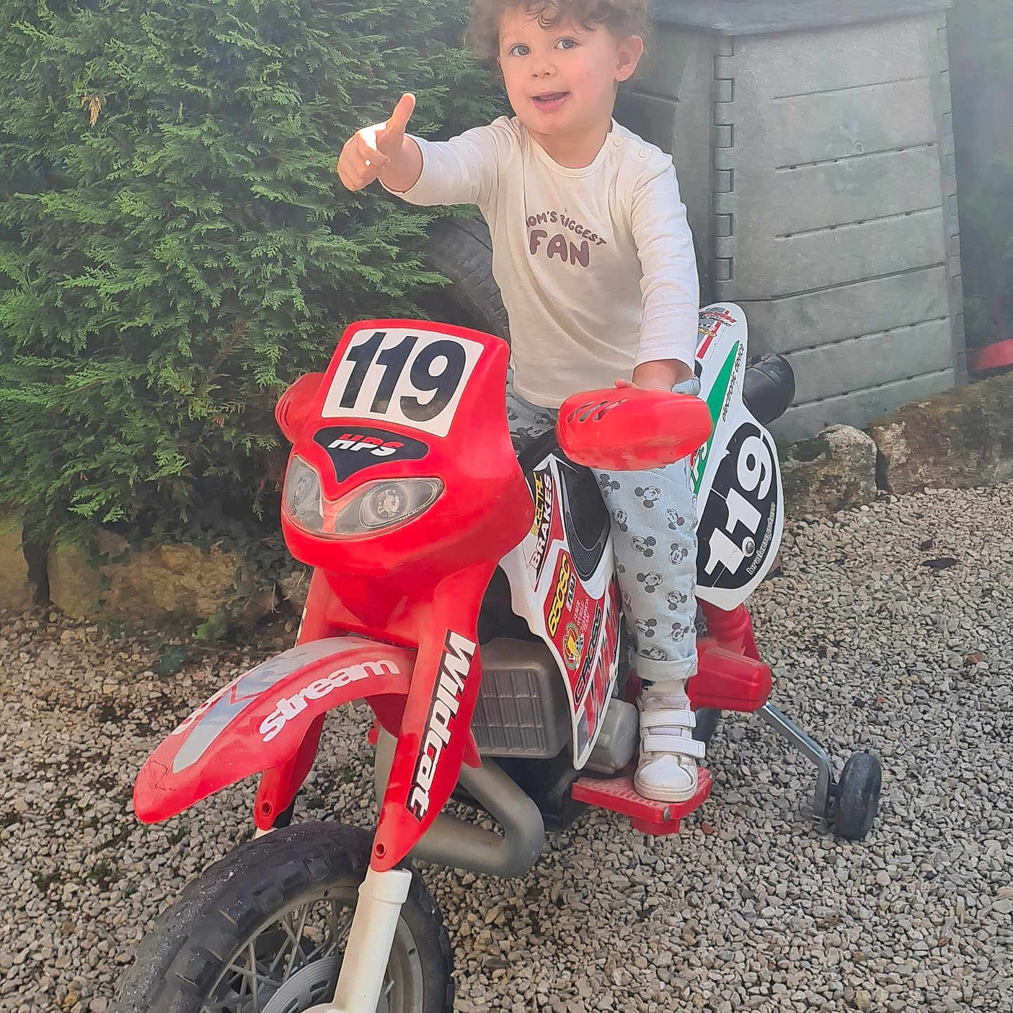 Logan participe au concours pour gagner de l'argent avec cette photo : child, curly_hair, daylight, fun, gravel, greenery, happy, long_sleeve_shirt, number_119, outdoor, pants, playtime, posing, red, smiling, sneakers, storage_box, thumbs_up, toy_motorcycle, training_wheels