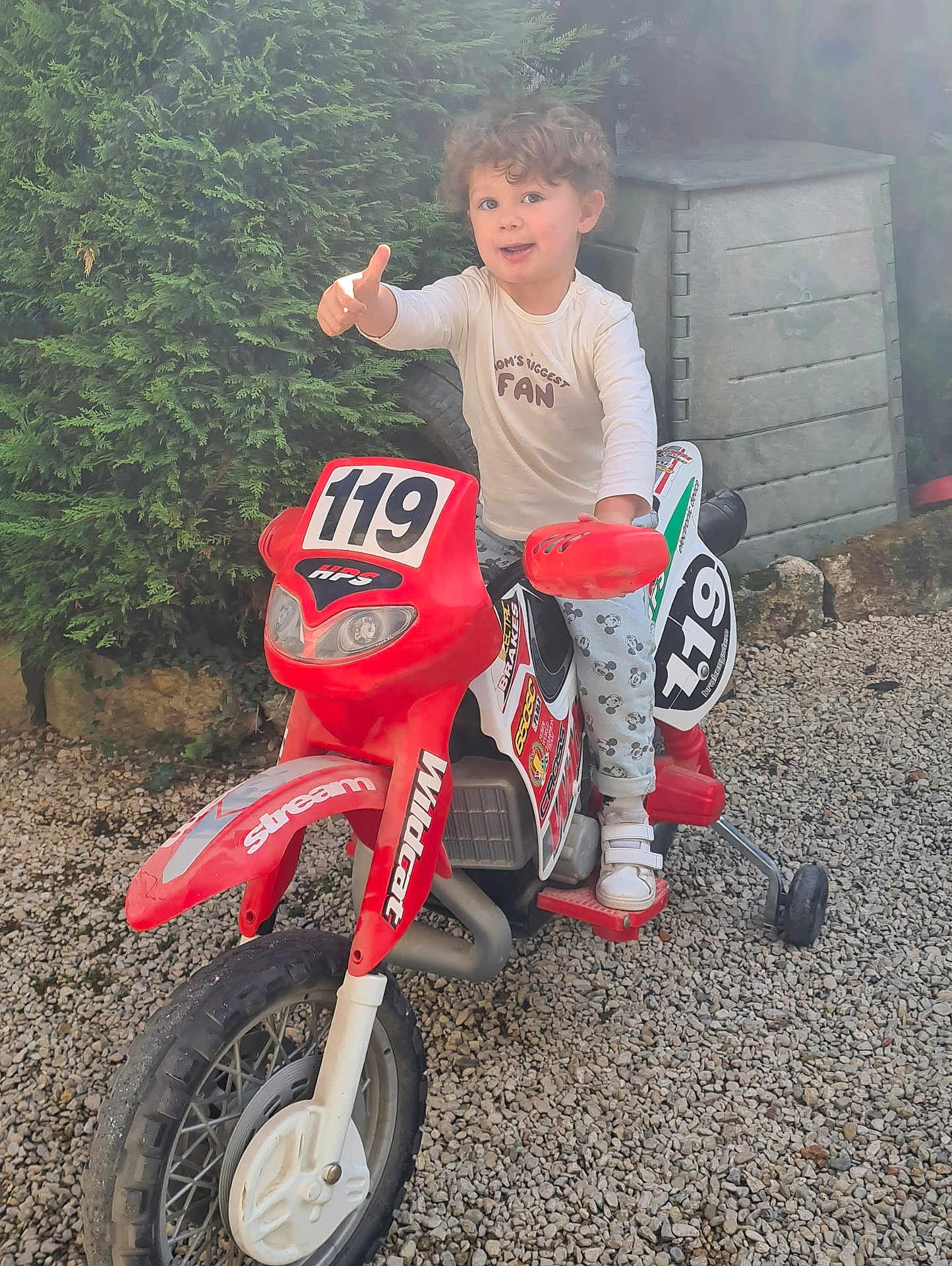 Logan participe au concours pour gagner de l'argent avec cette photo : child, toy_motorcycle, red, thumbs_up, outdoor, gravel, greenery, storage_box, curly_hair, sneakers, long_sleeve_shirt, smiling, playtime, daylight, training_wheels, number_119, pants, fun, happy, posing