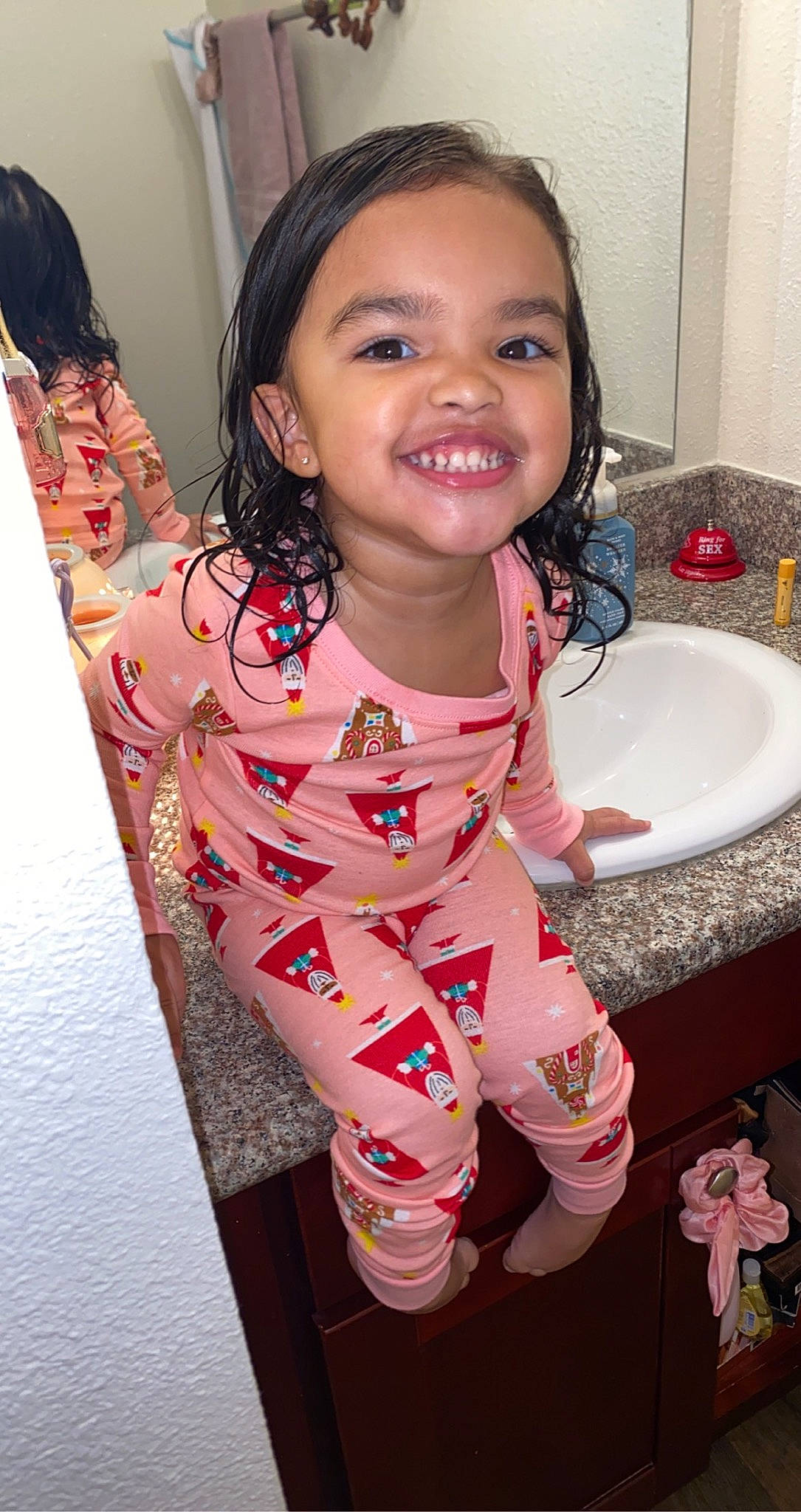 Aubrey joined the competition — help win amazing prizes! bathroom, bathroom_sink, beauty, cheek, child, eye, facial_expression, hair, hairstyle, happy, head, joy, organ, person, pink, plumbing_fixture, sink, skin, sleeve, smile