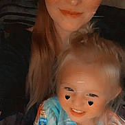 Hazley joined the competition — help win amazing prizes! black_heart, blond_hair, casual_clothing, child, close_up, cute, digital_filter, face_filter, family, freckles, fun, happy, indoor, long_hair, portrait, selfie, smile, toddler, warm_lighting, woman