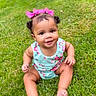 Naeliya joined the competition — help win amazing prizes! baby, child, cute, fence, garden, grass, greenery, happy, lawn, nature, outdoor, person, pigtails, pink_bow, portrait, romper, sitting, smiling, sunlight, tree