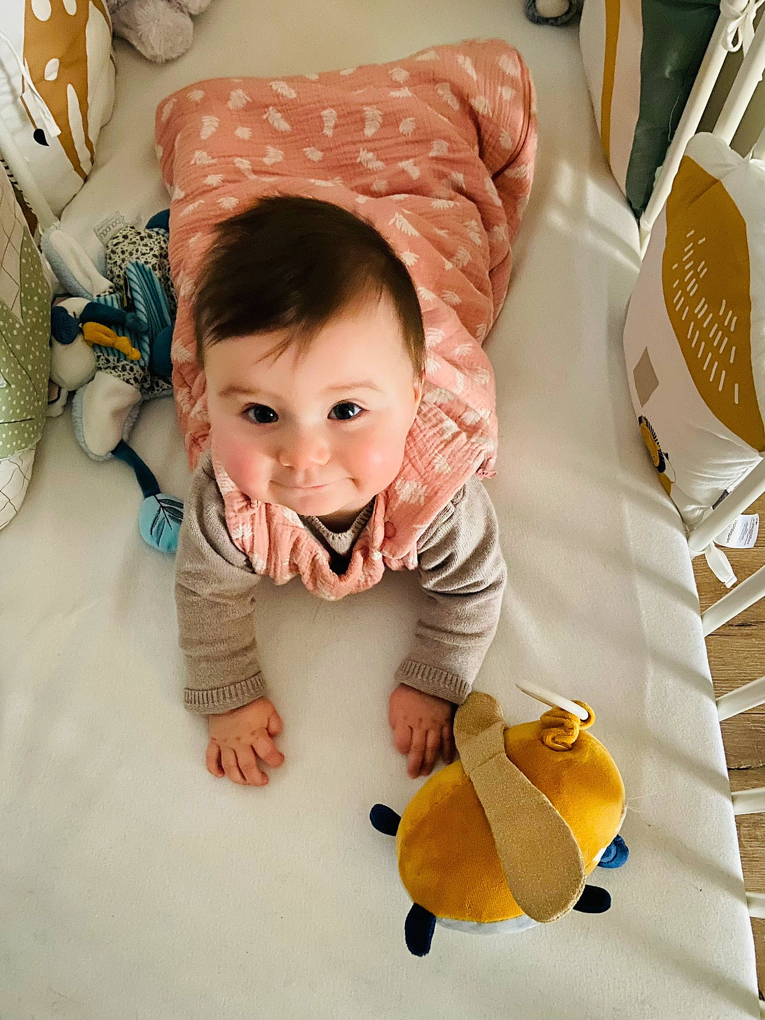 Luce participe au concours pour gagner de l'argent avec cette photo : baby, baby_products, baby_toddler_clothing, cheek, child, comfort, eye, face, facial_expression, finger, happy, head, linens, mouth, person, sitting, skin, sleeve, smile, toddler